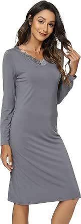 Women's Bamboo Nightgown - Long Sleeve V-Neck Sleep Shirt, Soft & Breathable, Below Knee Length, Size Medium
