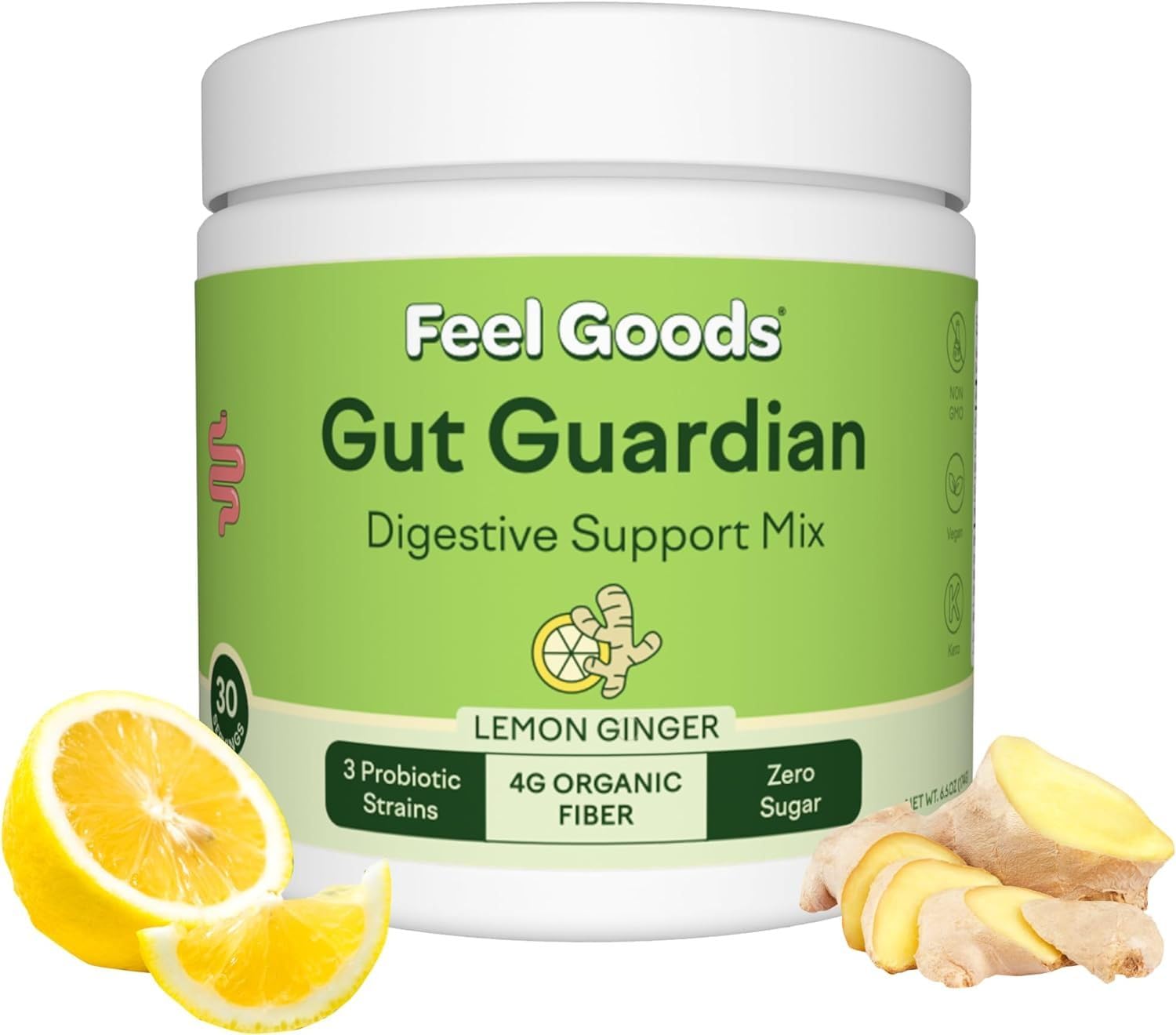 Feel Goods Gut Guardian, Organic Fiber, Probiotic & Prebiotic Powder, Sugar Free, Herbs for Bloat, Gut Health Support, Digestive Health for Men & Women, Non GMO, Vegan, Lemon Ginger, 30 Servings