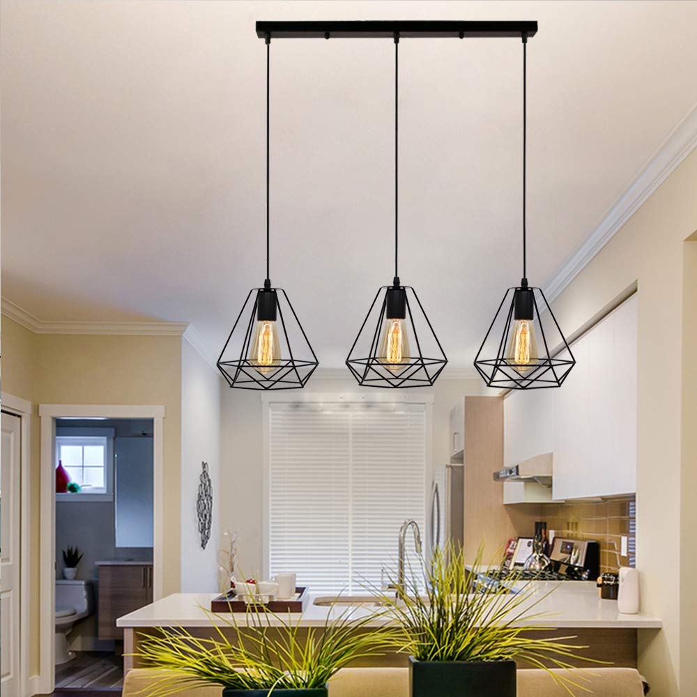STOEX Suspension Industrielle Vintage Cage Dimant, Lampe de Plafond Barre 3 Luminaire Métal Lustre Abat-Jour E27 Noir