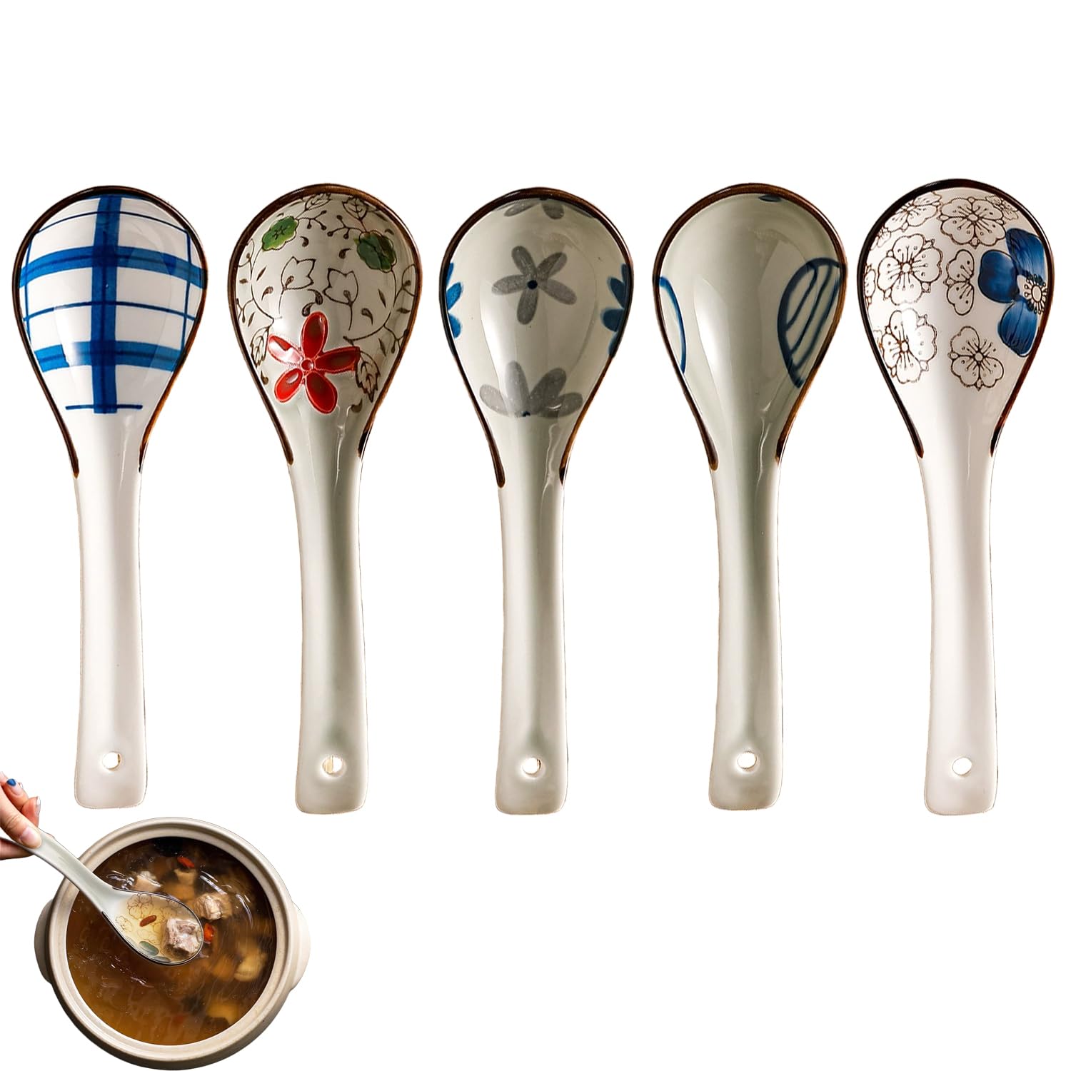 Set Di 5 Cucchiaio Per Zuppa Giapponese,Cucchiaini Ceramica, Cucchiai Da Ramen, Cucchiai Da Minestra Cinesi, Cinese Cucchiai Da Zuppa, Creativo Stoviglie Cucina Per Wonton Pasta Caffè