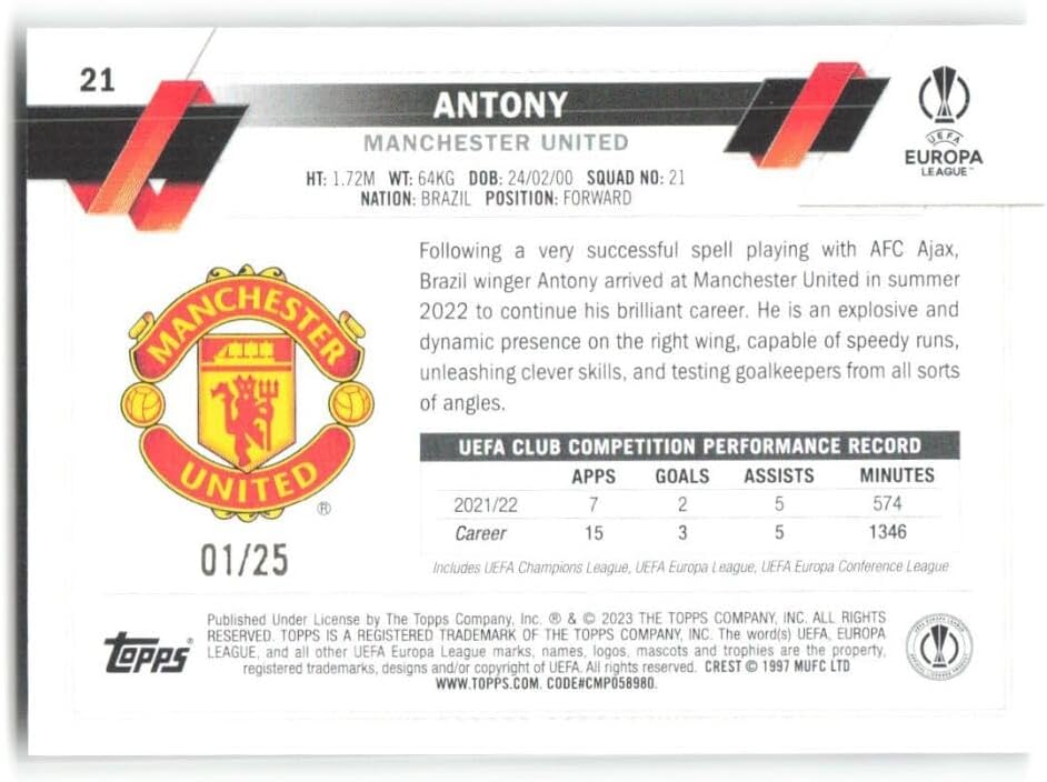 2022-23 Topps Carnaval UEFA Club Competitions Samba Orange #21 Antony 1/25 Manchester United Soccer Futbol Trading Card