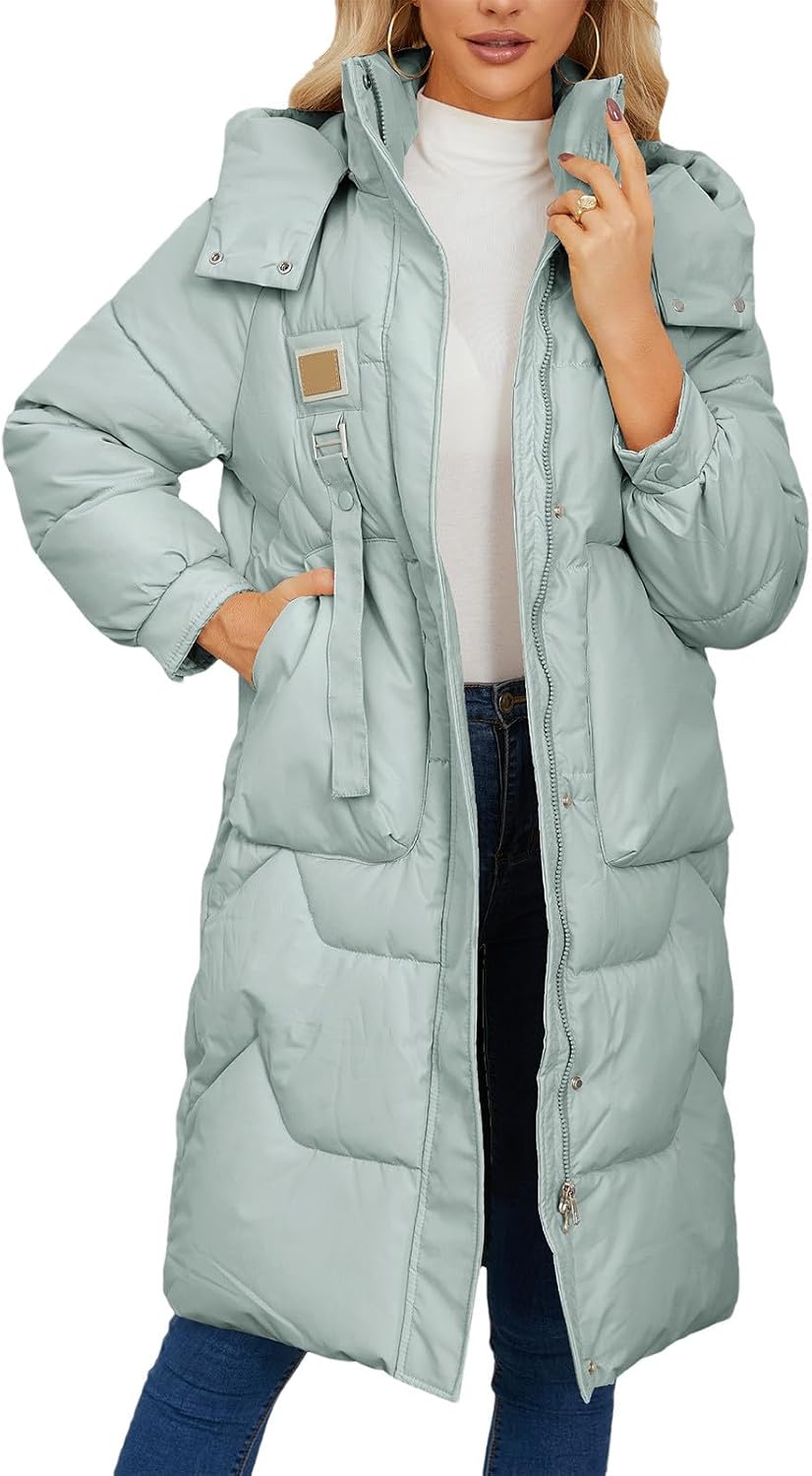 Women's Winter Thicken Puffer Jacket Hooded Zip Up Long Warm Padded Coat with Pockets