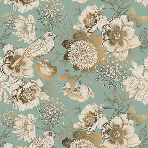 Papier peint oiseaux vert or adhésif pour décoration salon et chambre