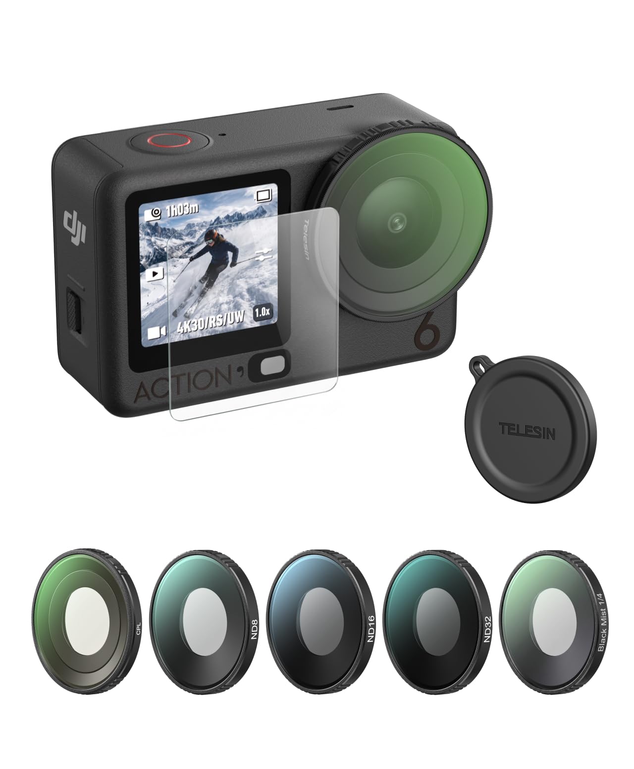 TELESIN Zestaw filtrów do DJI Osmo Action 6, wkręcany CPL + ND8/16/32 + 1/4 czarne filtry mgły z osłoną ekranu ze szkła hartowanego i osłoną obiektywu, akcesoria wielowarstwowe do szkła optycznego HD