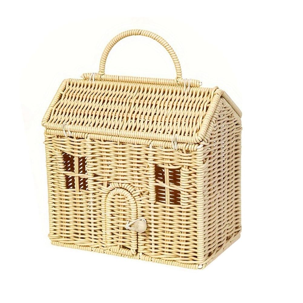 Aboiled Rattan House Shaped Basket with Lid, Decorative Hand Woven Shelf Organizer with Folding Handle, Harvest Wicker Baskets