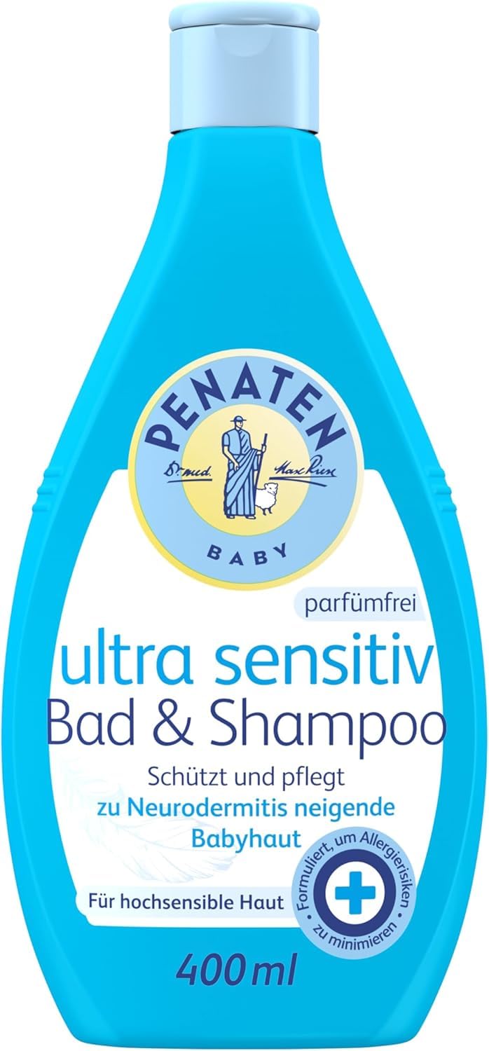 Penaten Ultra Sensitiv Bad & Shampoo besonders mildes Baby Bad & Baby Shampoo für hochsensible zu Neurodermitis neigende Babyhaut, 400ml