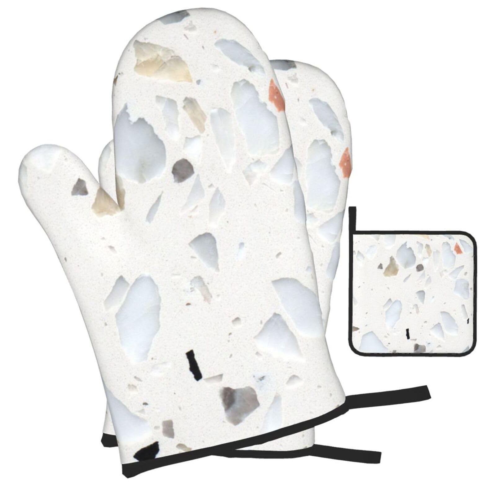 White terrazzo Printed Oven Mitts and Pot Holders Heat Resistant Set of 3 Pcs, Modern Kitchen Gloves & Potholders for Cooking Baking Grilling