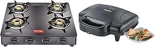 Prestige PGMFD 01 800W Sandwich Maker (Black) & 4 Brass Burners IRIS L.P Glass Top Gas Stove, with Powder Coated Body, Black