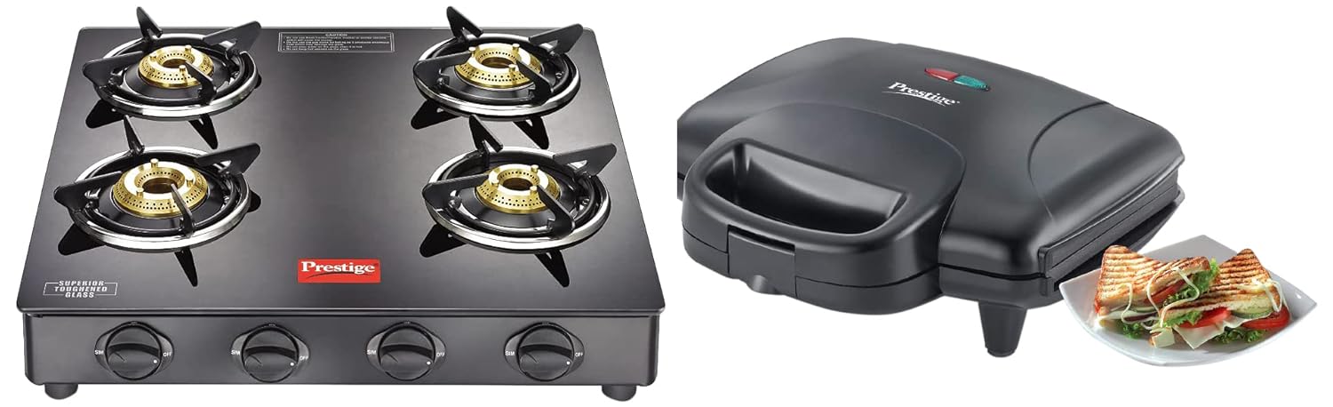 Prestige PGMFD 01 800W Sandwich Maker (Black) & 4 Brass Burners IRIS L.P Glass Top Gas Stove, with Powder Coated Body, Black