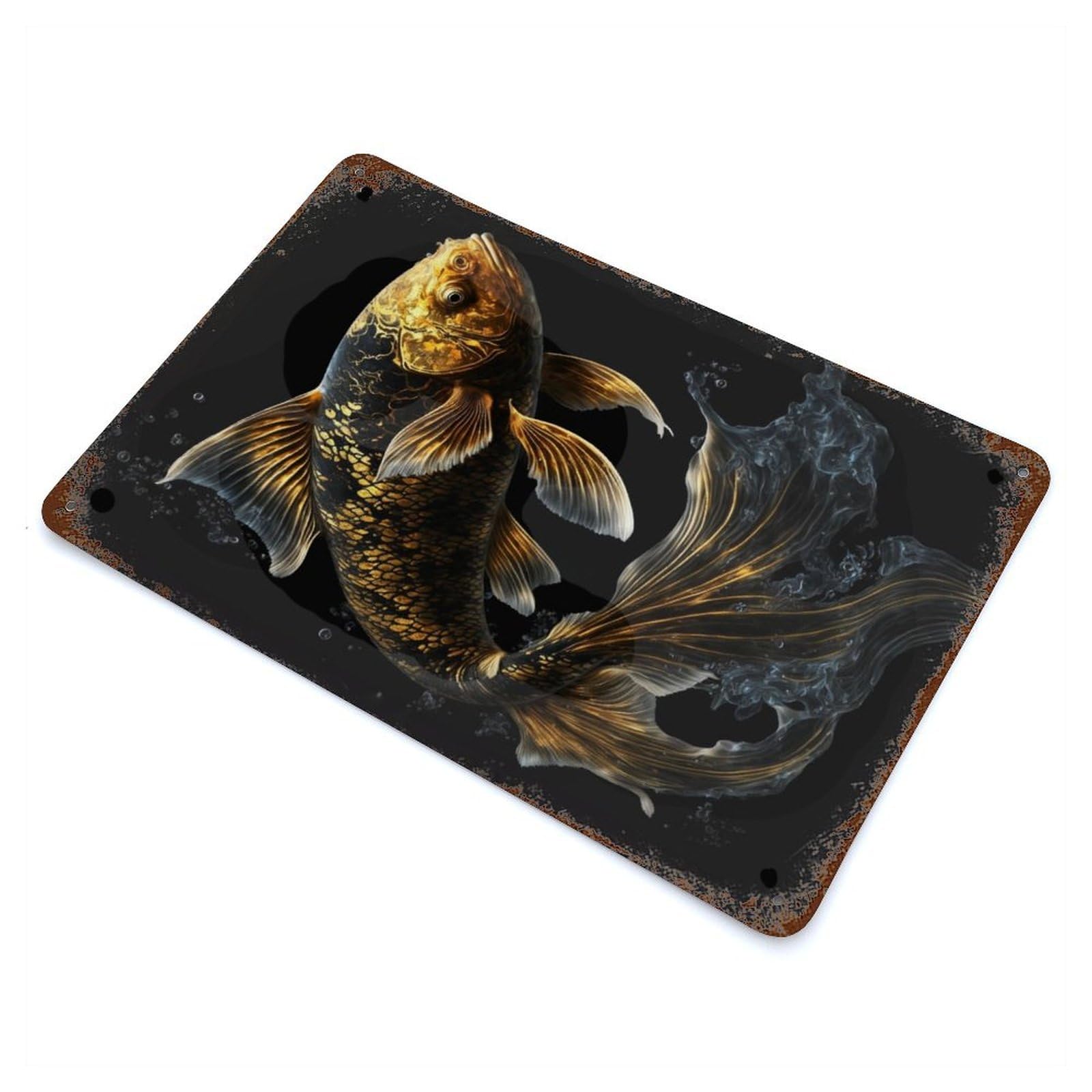 Garage Style Black And Gold Koi Fish Aged Metal Wall Plaque 11.8"x7.9", Farmhouse Wall Decor for Bar And Workshop