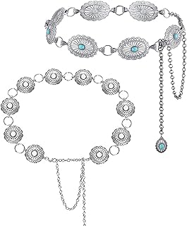 2 Pcs Concho Western Chain Belts for Women Turquoise Chain Belts Women Western Belts Metal Waist Country Link Belt