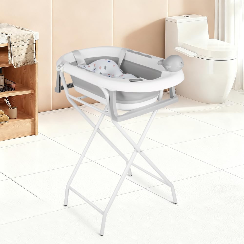 Bañera plegable para bebés con estructura, termómetro, cojín de baño y gorro de baño, bañera para bebé con sistema de drenaje, material PP y TPE (gris, 55 x 40 x 90 cm)