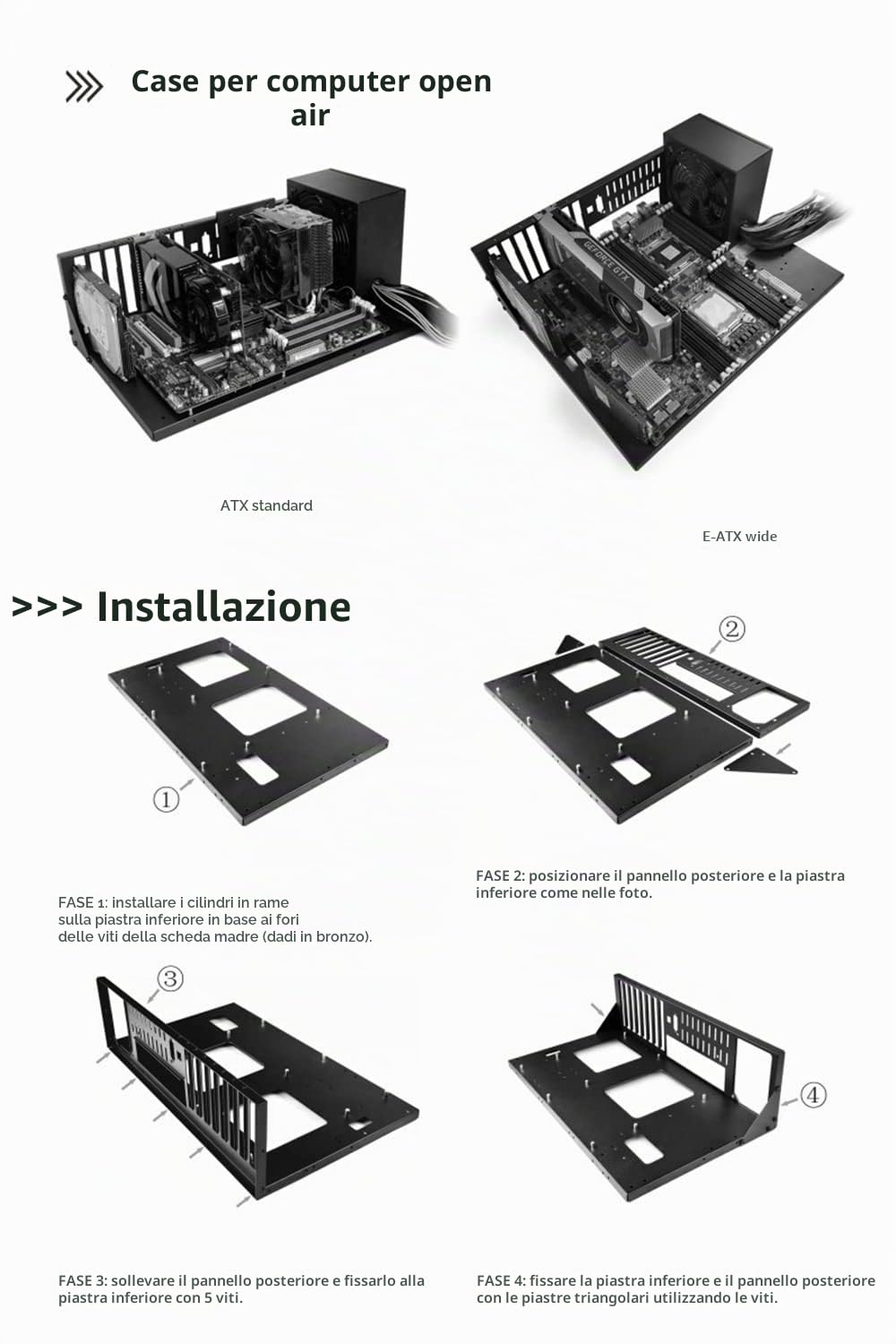 ATX - Custodia per computer da gioco fai da te, con telaio aperto, per schede madri ATX/M-ATX/ITX, ampio design a dissipazione del calore, accessori per schede madri SSD