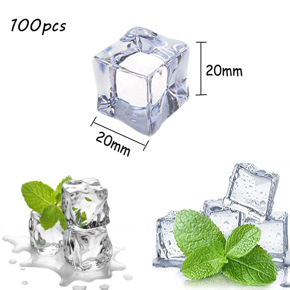 100Pcs Cubetti Riutilizzabili, 20mm Cubetti Ghiaccio Artificiale Cubetti di Ghiaccio Finti in Acrilico Trasparente per Puntelli da Bar Contro Decorazione Fotografia Bevande