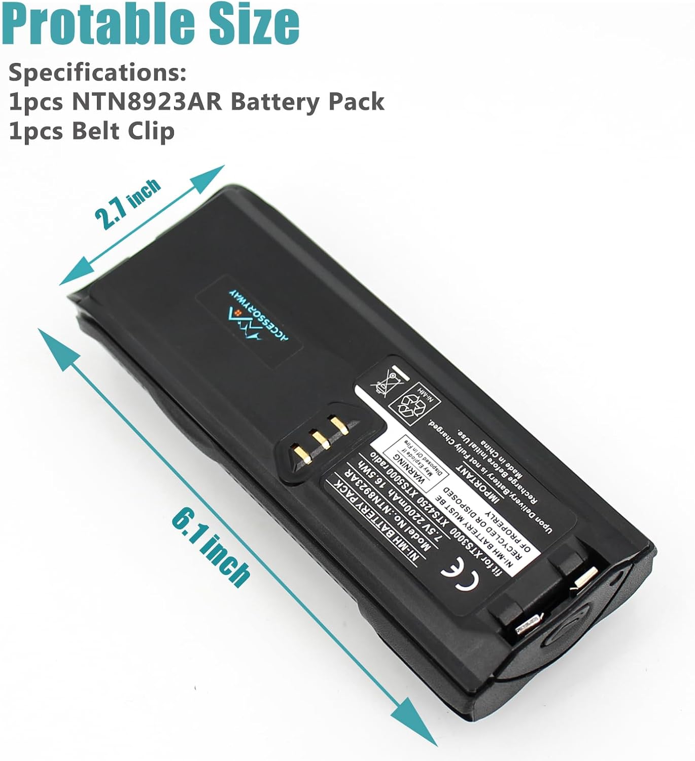 Replace NTN8923 7.5V 2200mAh Ni-NH Battery cormpatible for Motorola XTS5000 XTS3500 XTS3500 Tetra MTP200 MTP300 radios Replacement Battery NTN8924 NTN8923AR with clip - Without IMPRES funtion