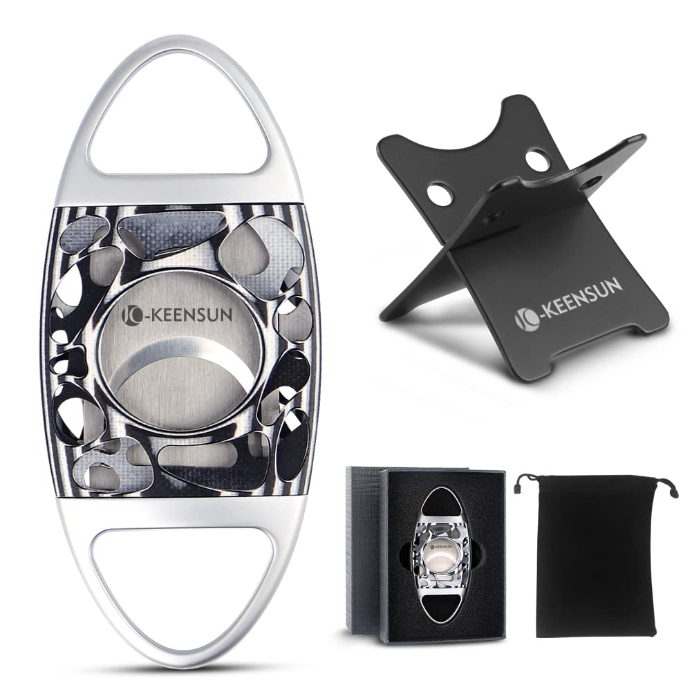KEENSUNZinc Alloy Cigar Cutter Guillotine Stainless Steel Double Blade,Portable Cigar Cutter Tool with Hollow Out G10 Shell,2 Pack Set with Gift Box (Cigar Cutter and Stainless Steel Cigar Holder)