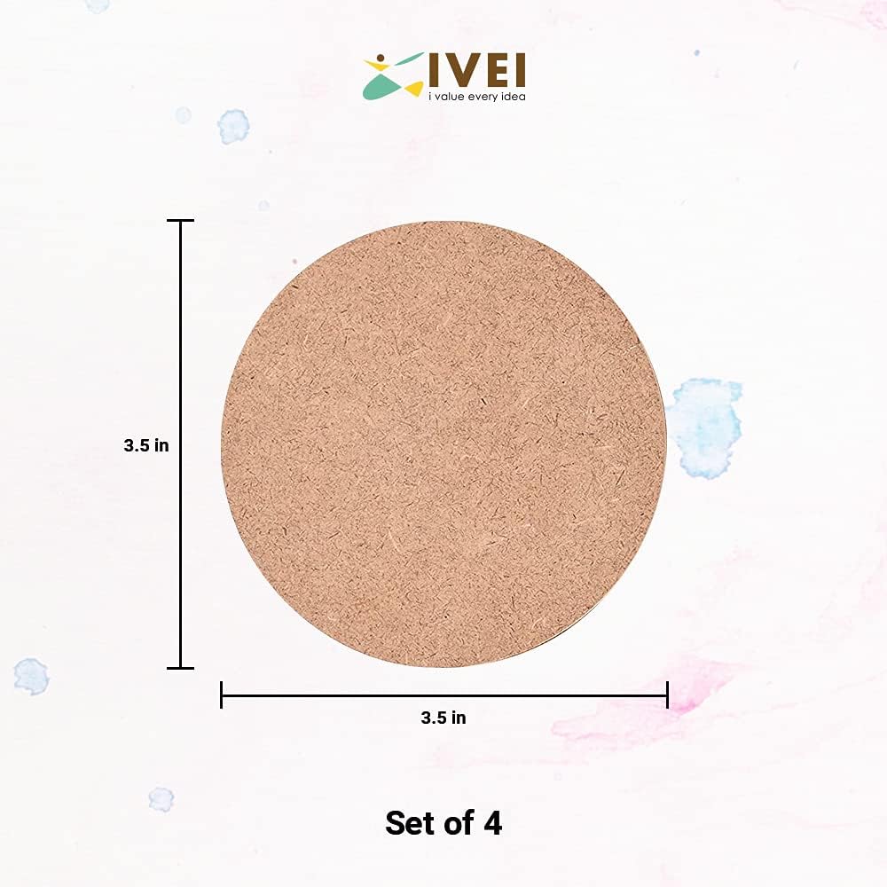 IVEI MDF DIY Round Coasters with Holder - MDF Plain Wooden Coasters & Holder Blank Cutouts for Painting Wooden Sheet Craft, Decoupage, Resin Art Work & Decoration - Set of 4 (3.5in X 3.5in)