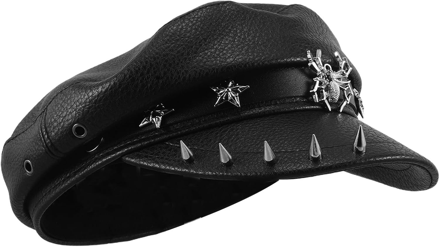 Women Captain Hat Black Pu Polyester Wide Brim Flat Top Rivet-Studded Fedora Retro Nautical Style Comfortable Party Outfits and Daily Wear