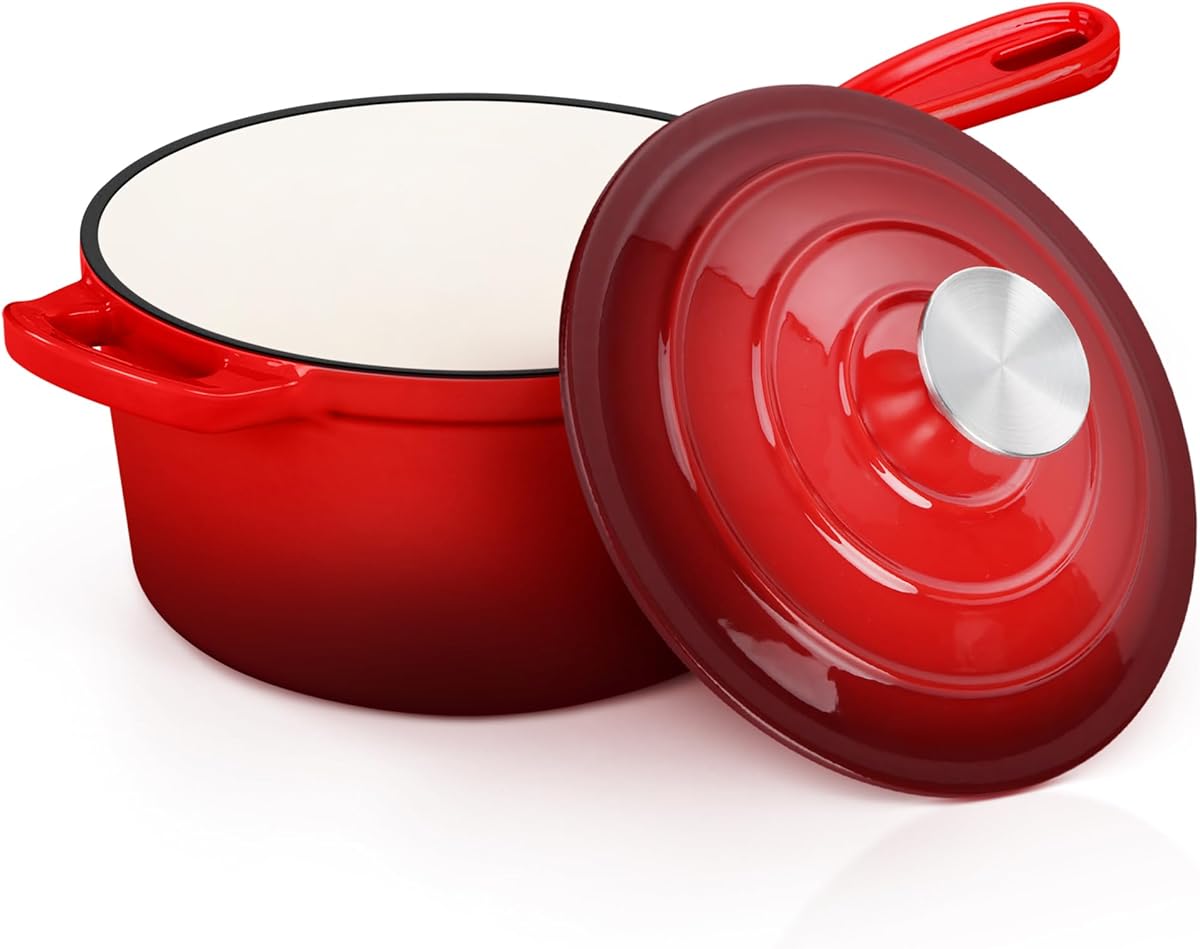 E-far Enameled Cast Iron Sauce Pan, 2 Quart Dutch Oven Saucepan with Lid, Small Sauce Pot for Cooking, Boiling, Healthy & Non Toxic, Induction & Oven Safe, Red