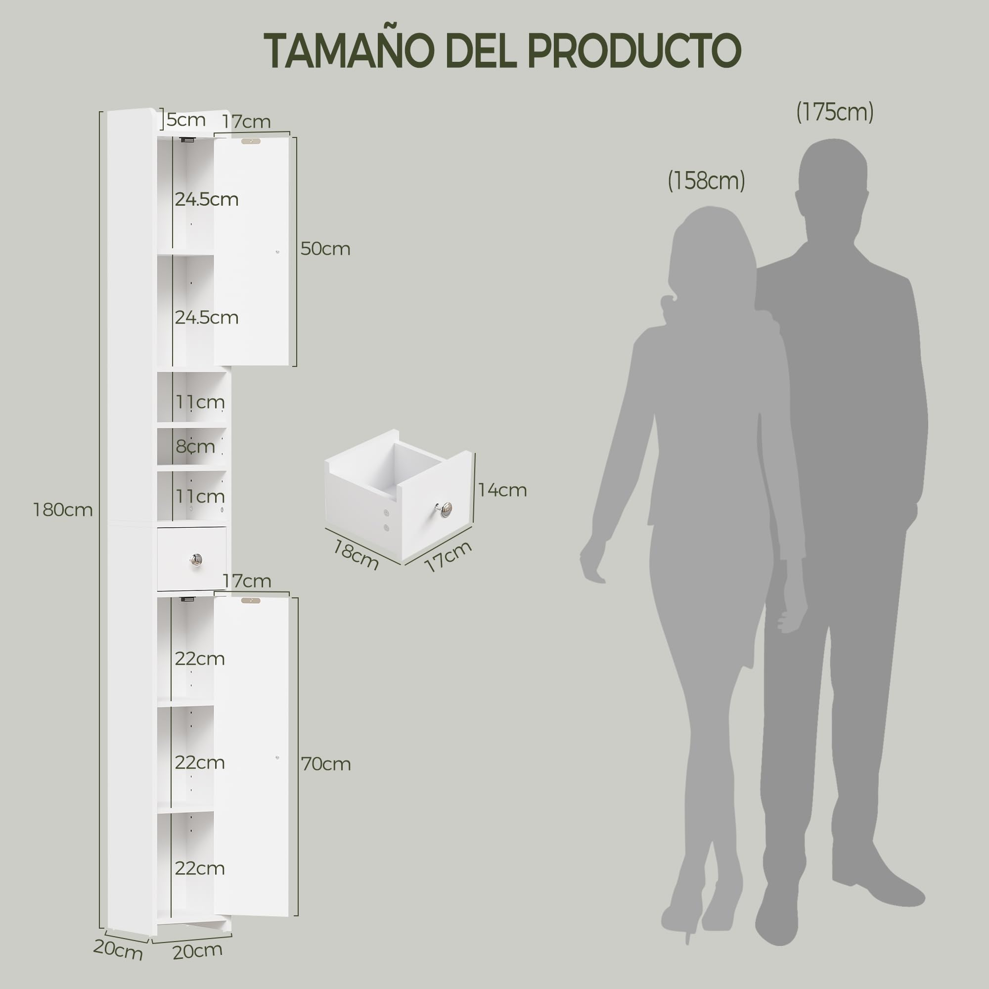 BEWISHOME Armario Alto de Baño,Mueble de baño Alto y Estrecho, Mueble Auxiliar baño,con Estantes Ajustables, Compartimentos Abiertos, para Espacios Pequeños, Moderno, Blanco EYYG07W