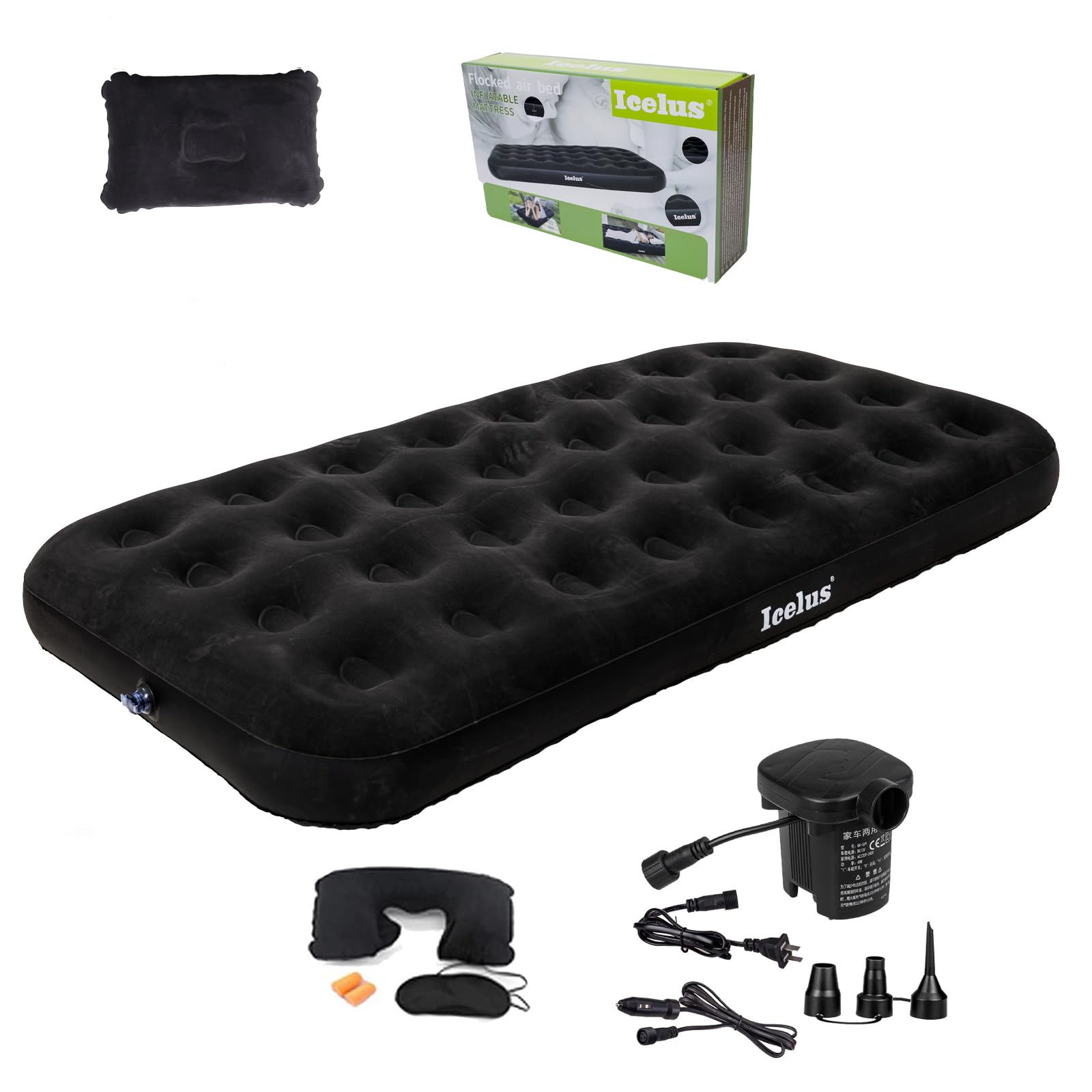 Icelus Twin Aufblasbare Luftbett 191x 100 x 23 cm Camping Luftmatratze mit Luftpumpe,Aufblasbare Matratze Bett,Reisebett,Schlafunterlage für Zuhause und Reisen(Schwarz)