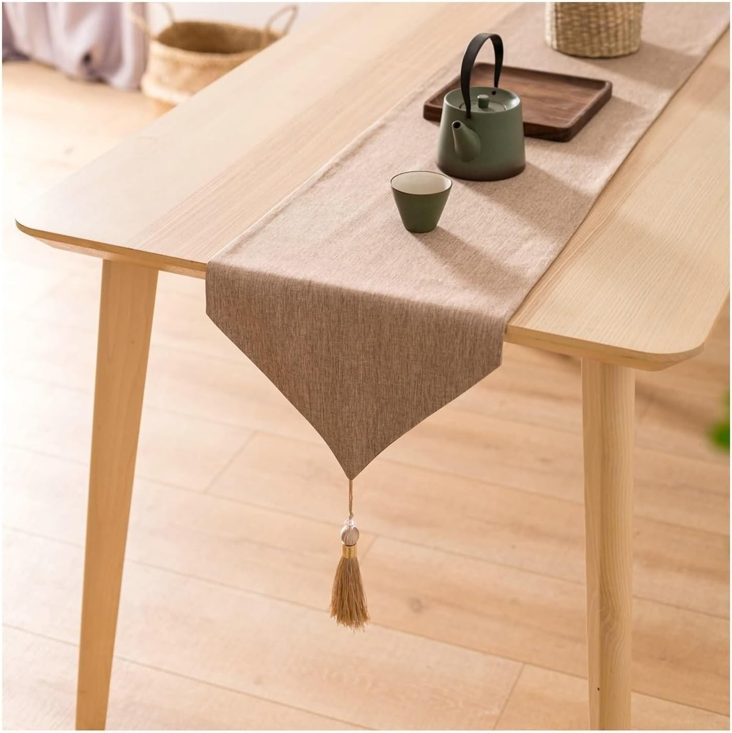 Dining Table Runner,12" x 47",Solid Color and Tassel Linen Table Runners Coffee Table Runner Brown
