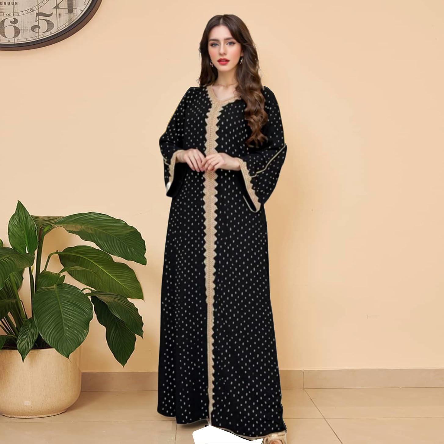 Boedaty Women Summer Muslim Abaya Dress One-Piece Embroidered V Neck Bronzing Kaftan Dress Full Length Party Dress - Image 2