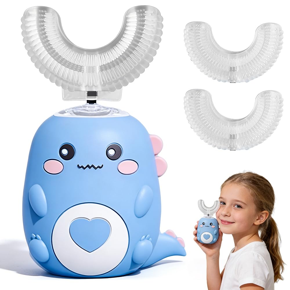 Cepillo Electrico Infantil 2-8 años, NAVESO Ultrasónico Cepillo de Dientes Eléctrico Niños en Forma de U, 360° Dinosaurios Electric Toothbrush Infantil con 3 Cabezales de Silicona