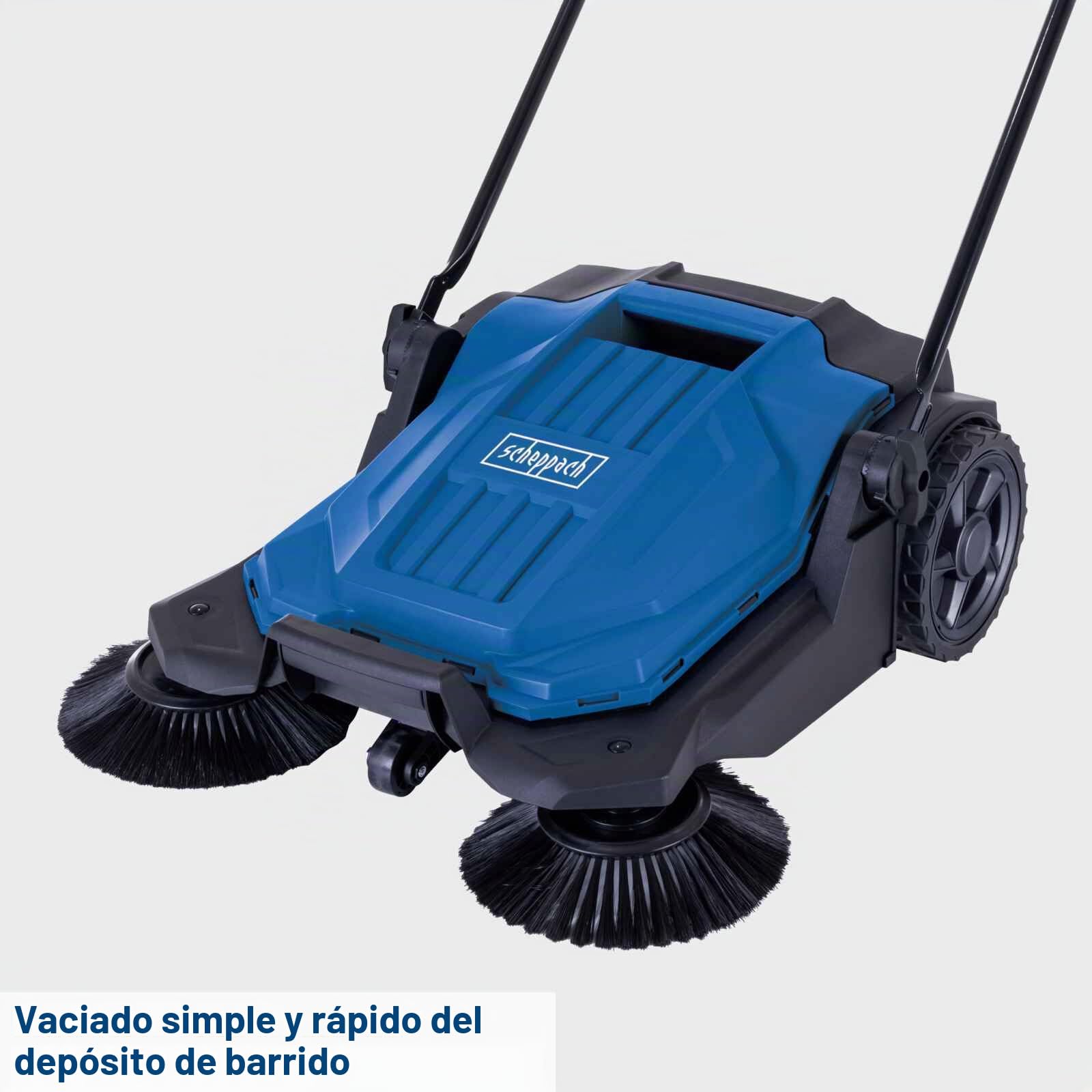Scheppach Barredora S800 barredora de mano | 650 mm de ancho | 2600 m²/h de superficie | cesta de 20 L | eficaz sistema de barrido de 3 cepillos | adecuado para hojas, arena, grava y césped