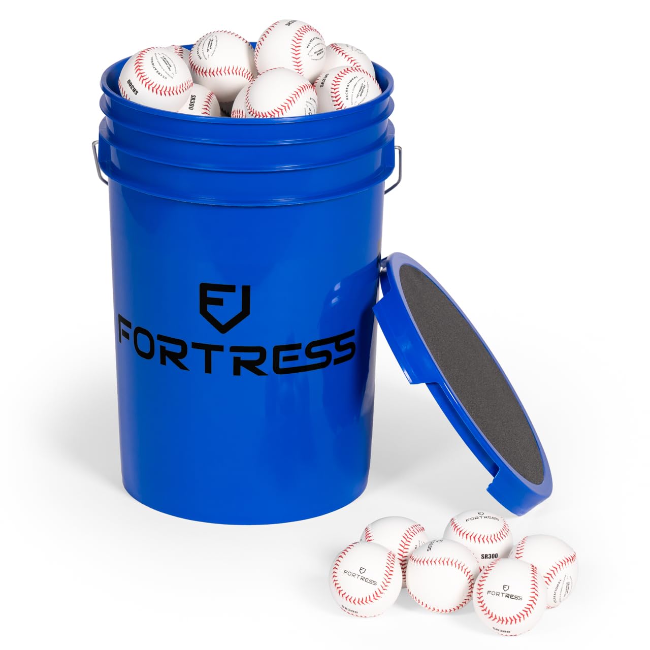 Fortress Balleimer und gepolsterter Deckel [Kapazität für 60 Bälle] | Bequeme Sitzgelegenheit für Trainer und Spieler – Ideal für Cricket, Baseball, Tennis und Softball