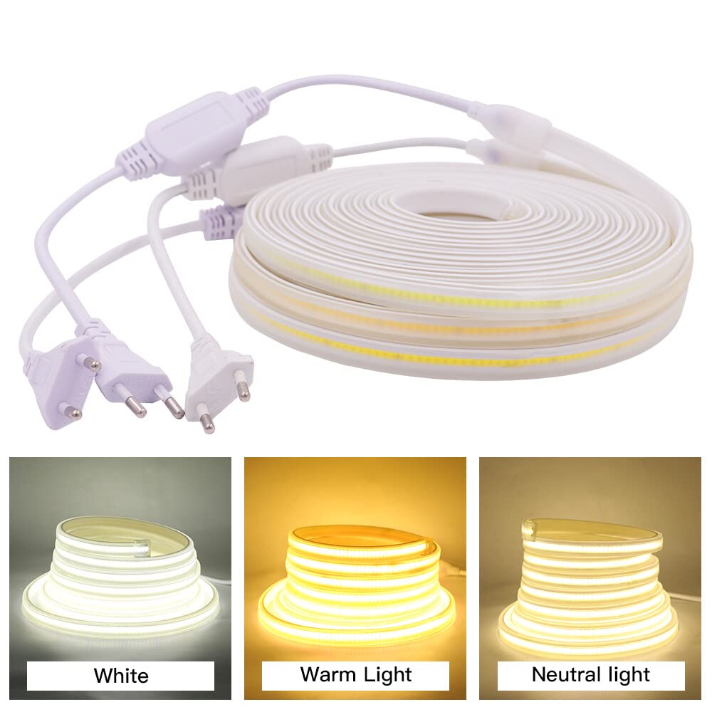 XUNATA Tira de LED COB Flexible de 220V, (Luz Blanco Frio, 25m), IP65 Impermeable, 288 LED/m Luz de Cuerda de Alto Brillo con Cable de Alimentación