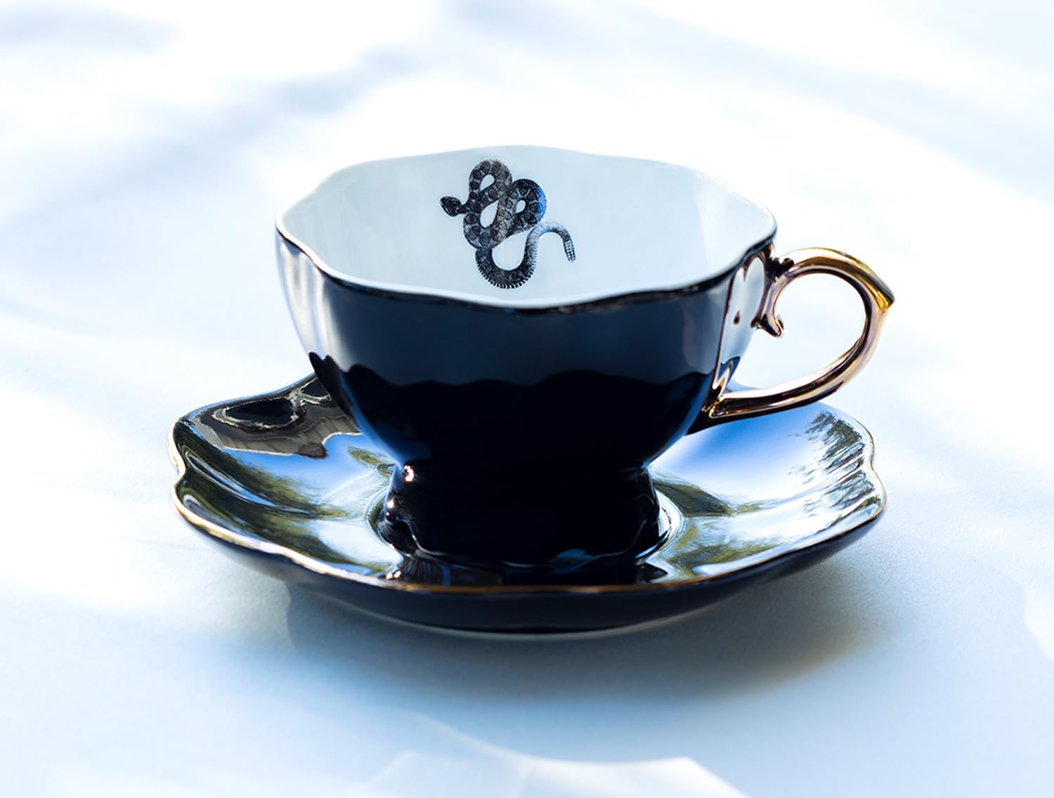 Black Gold Tea Cup and Saucer with Gold Trim Raven Black Cat Snake Spider Halloween (Snake Tea Cup and Saucer)