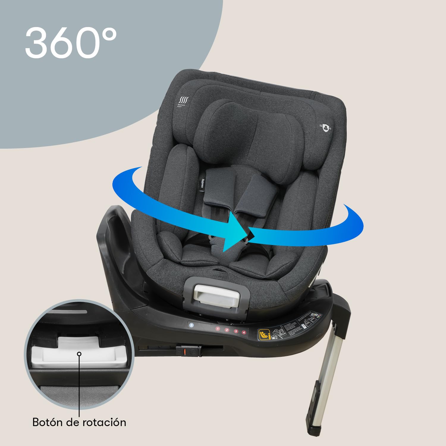 Casualplay - Silla de coche bebé Kora i- Size giratoria con isofix y pata de apoyo, grupo 0 1 2 3 de 0 a 12 años o de 40 a 150 cm altura y apta para llevar a contramarcha hasta los 105cm (Deep grey)