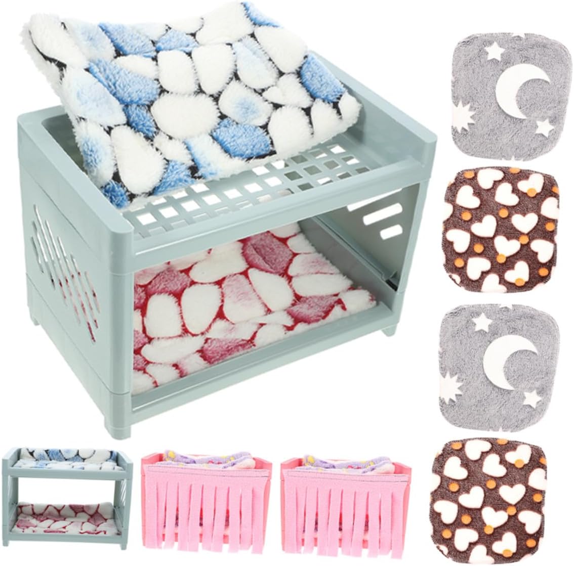 Happyyami Double-Layer Hamster Bed with Plush Cushions and Blankets Small Animal Hideout Nest Pet Sleeping House Set with 2 Beds and 4 Accessories Suitable Random Color