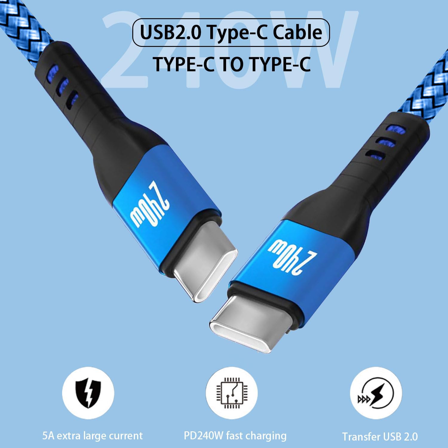 Cavo da USB C a USB C da 240 W blu, cavo di ricarica rapida per iPhone 15, cavo lungo intrecciato di tipo C per MacBook Pro, iPhone 15Pro/15Plus/15ProMax, iPad Pro/Air, Samsuang Galaxy S24 S23, Switch