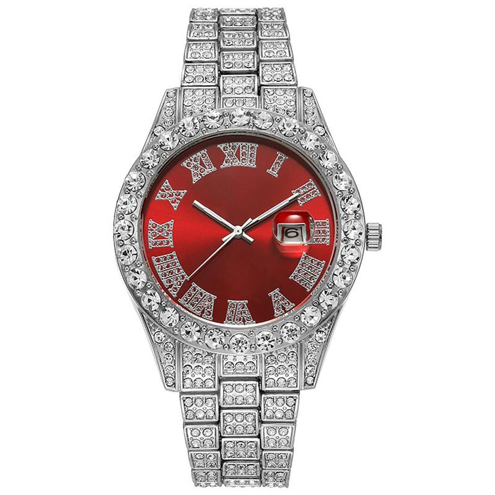 Paquete de 3 relojes con diamantes para hombre, calendario, acero inoxidable, hip hop, esfera grande, números romanos, esfera de cuarzo, juego a granel para hombre
