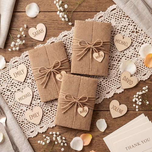 Tosstuki 50 Sets Pre-folded burlap Wedding Invitation Jackets for 5x7 Cards, Rustic Wedding Wraps with Wooden Heart Pendants Accessories for Bridal Shower & Vintage Party Decor