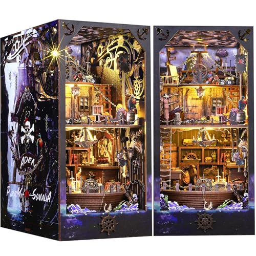 BuzzoXerex DIY Book Nook Kit, Miniatures Nook Bateau Pirate Miniatur Haus Selber Bauen Miniatur Haus Selber Bauen avec Lampes LED, Maquette en Bois a Construire avec Meublé (Aden)