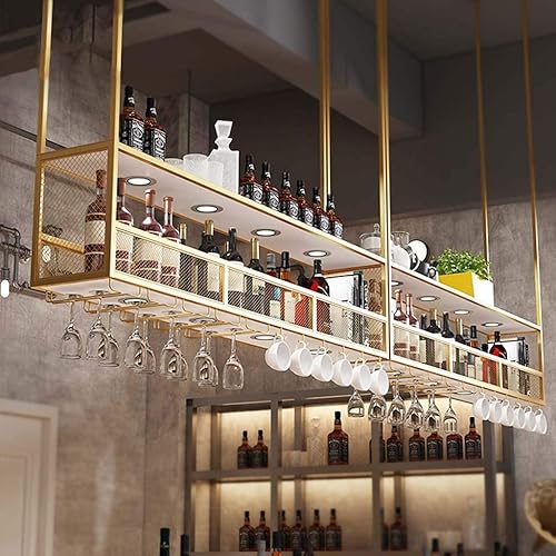 Miniatura 2 de Estante para vino colgante de hierro montado en la pared, soporte para copas de vino de doble capa, estante invertido para botellas de copas de