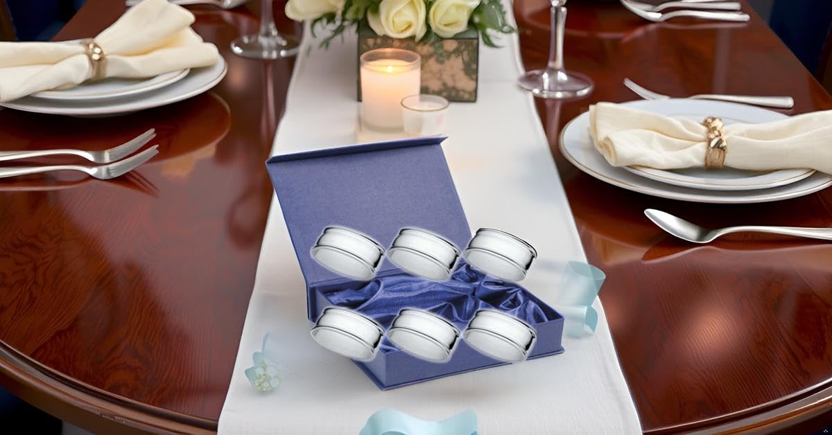 6er Set Serviettenringe versilbert – Fadenmuster L 6cm – Edle Silber-Plattierung für Stoffservietten inkl. Geschenkbox