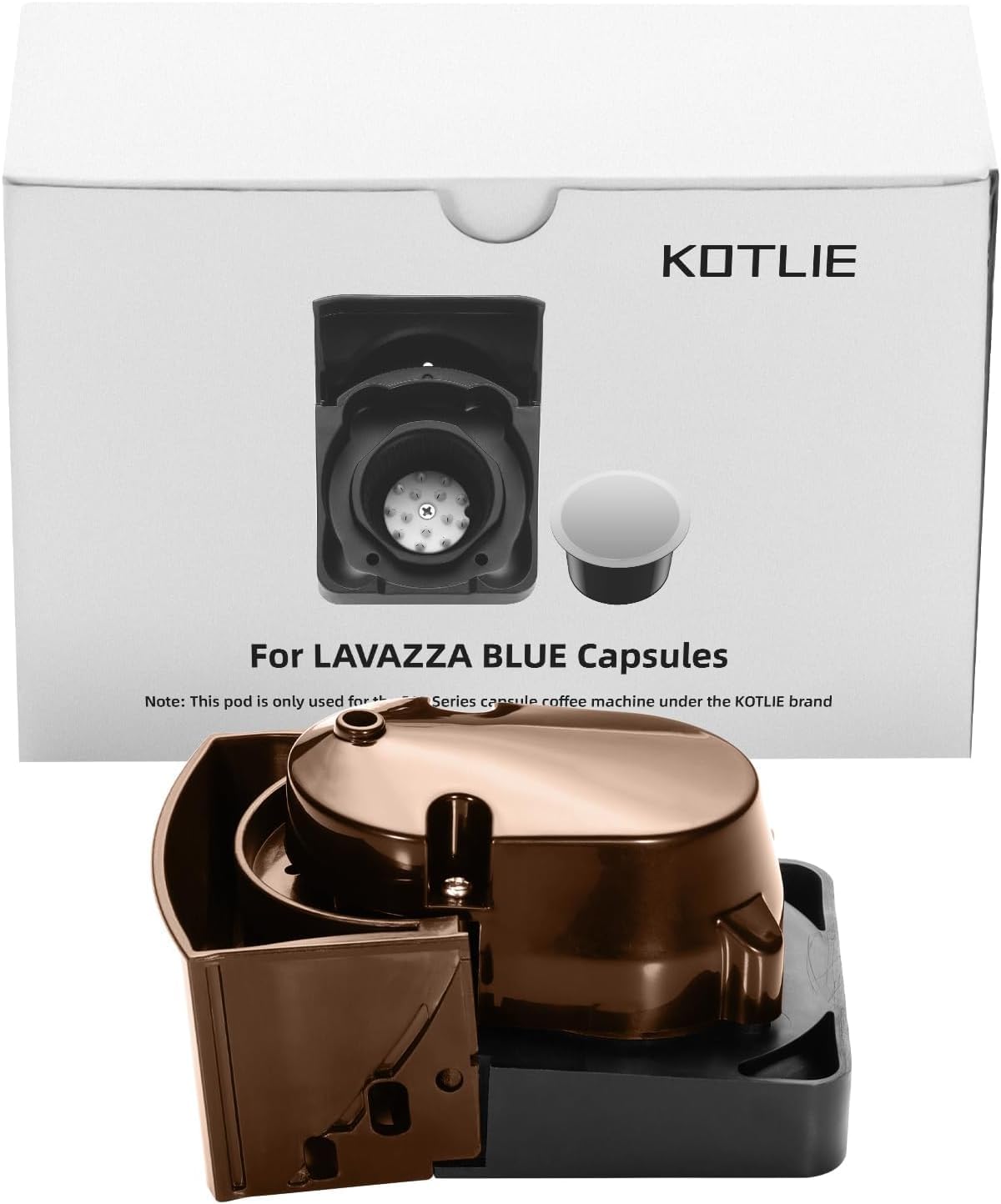 KOTLIE capsule accessory and its packaging, clearly stating 'For LAVAZZA BLUE Capsules' and 'Note: This pod is only used for KOTLIE brand coffee machine'.