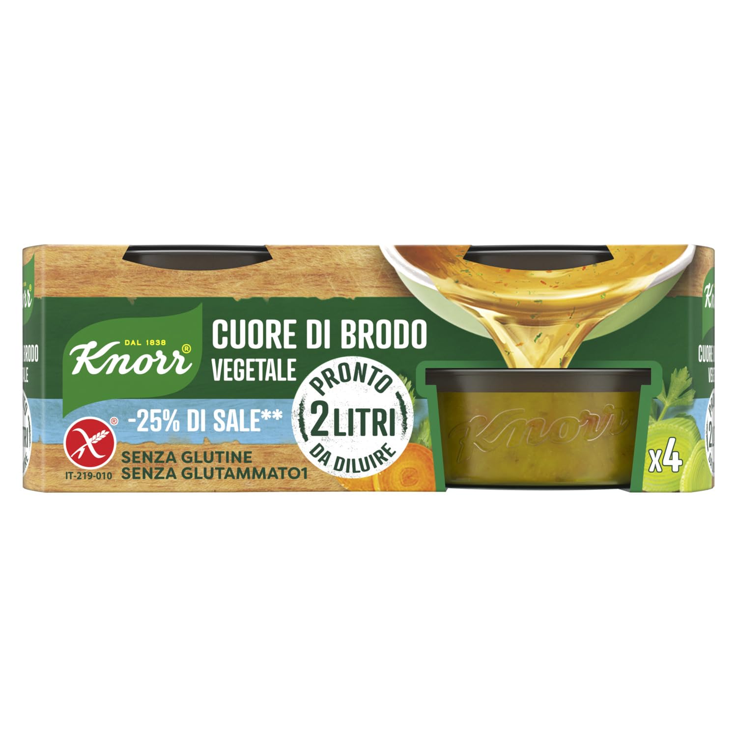 Knorr Cuore di Brodo Vegetale, Brodo Pronto con -25% di Sale, Ingredienti Naturali e Verdure da Agricoltura Sostenibile, Ricetta Vegana, Senza Glutine e Glutammato Aggiunto, 4 Vaschette da 28g Vegetale -25% di Sale Single