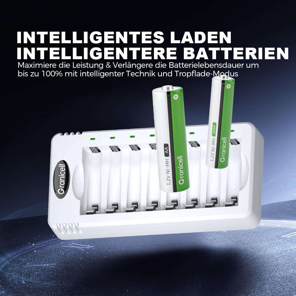 Granicell 8-Slot Akku Ladegerät mit 16 Stück Akkus (8X AA 2800mAh + 8X AAA 1100mAh), 1.2V Mignon Micro NI-MH Wiederaufladbare Batterien (Vorgeladen), XXL Familien-Kombiset