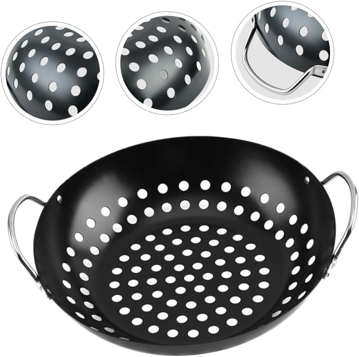 Round Non-Stick Grill Pan with Drain Holes for Barbecue 2-Handle Metal BBQ Tray for Camping Multi-Function Cooking Tool for Vegetables and Meat
