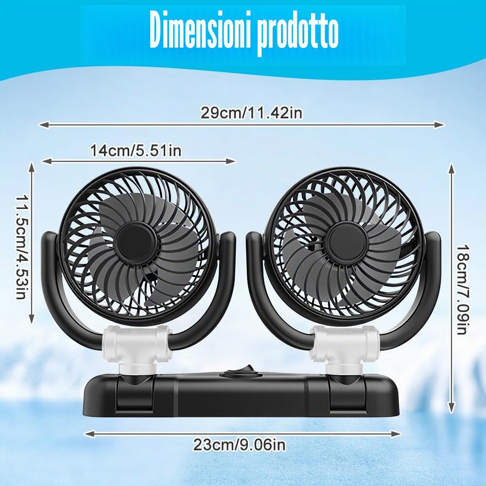 Mineup Ventilatore Auto 5V, Ventilatore Auto Doppia Testa, Ventilator 360° Ruotabile Portatile Con 2 Velocità, Alimentate Tramite Accendisigari, Per Cruscotto Aut Furgone SUV RV Barca
