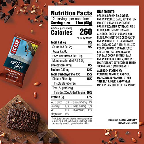 Clif Bar Sweet & Salty Energy Bars with Sea Salt (2.4 Protein Bars, 12 Count) (Packaging May Vary) Dark Chocolate Almond, 28.8 Ounce