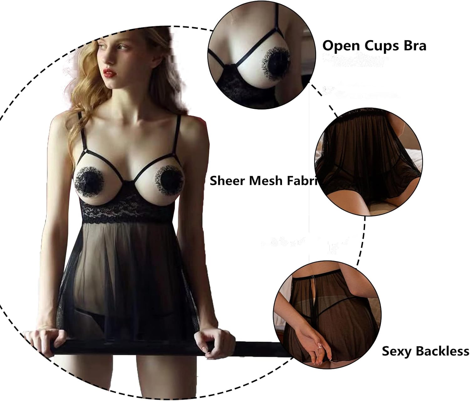 Sexy Hollow Strappy Mesh Lingerie Floral Lace Chemise Cut Out Teddy Babydoll Nightdress Slips Dress See Through Nightwear Black - Image 2