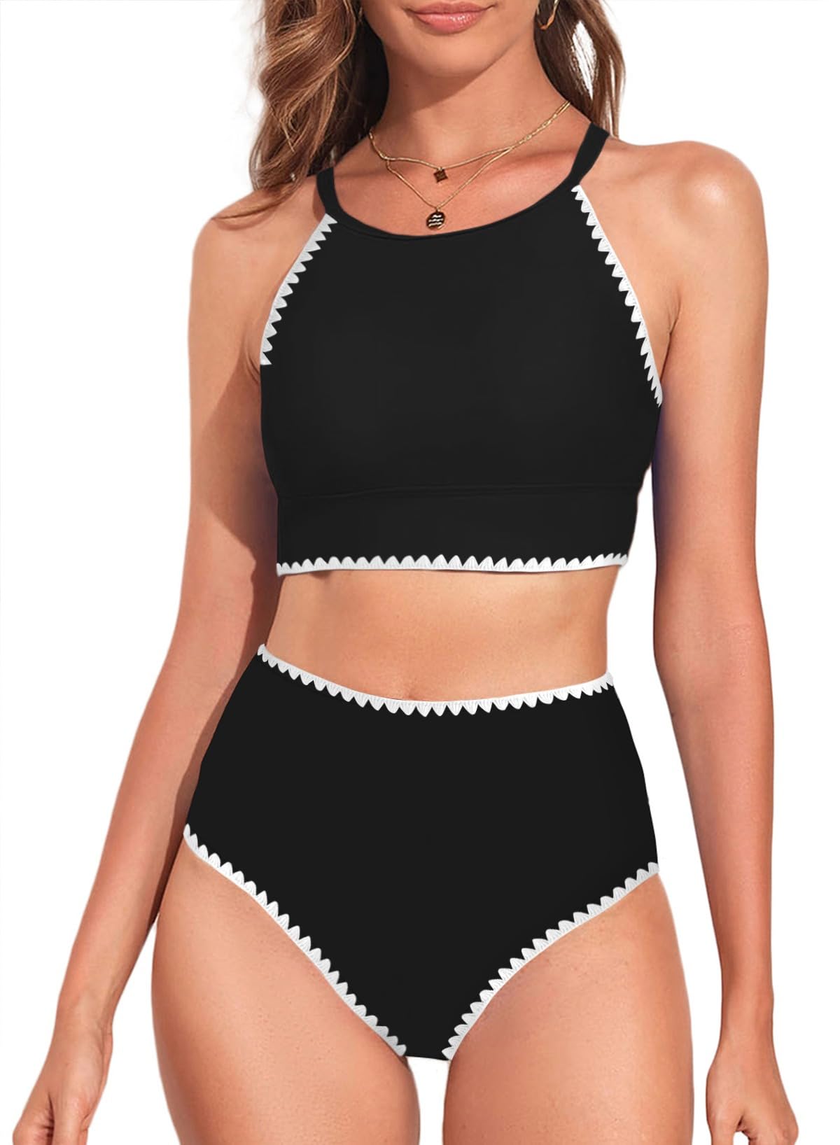 Herseas Women's Bikini Sets High Neck Tropical Leaf Print High Waisted Two Pieces Swimsuits Bathing Suits