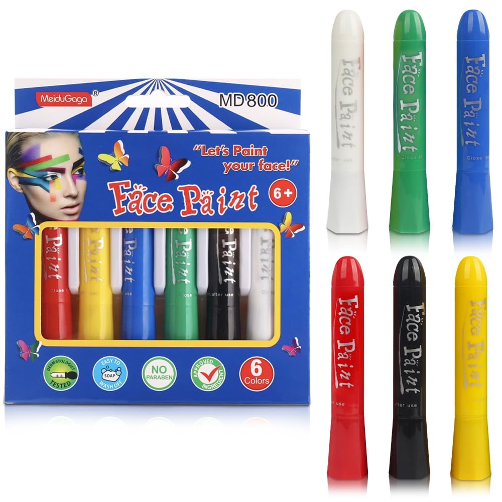 MeiduGaga Face Paint Sticks Body Painting Kit Safety Face Painting Crayons Easy to Clean for Makeup Parties Sport Events Birthday Festivals Cosplay (6 Classic Color)