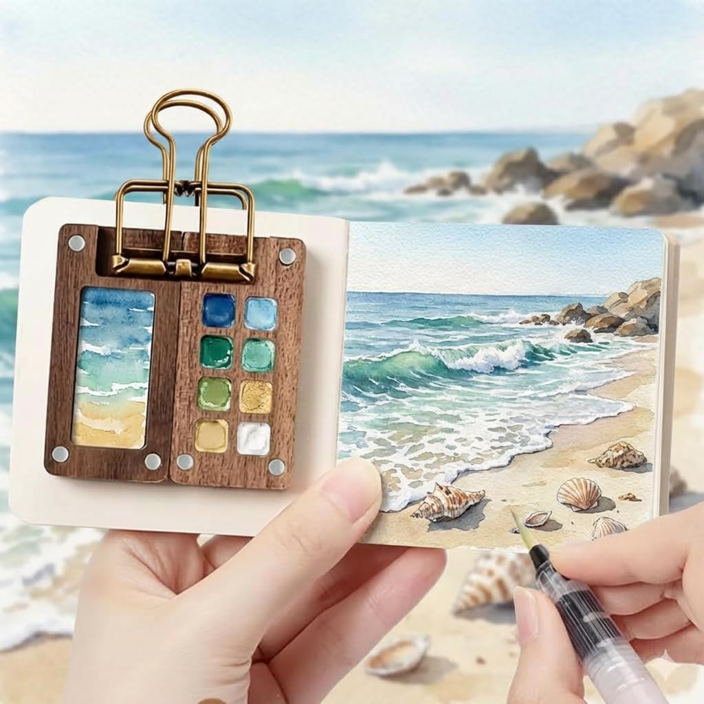 Mini Watercolor Paint Set, Portable Artist Watercolor Travel Kit with 12 Color, 8 Grids Pocket Wooden Palette, Sketchbook, Brush for Artists, Painters, Students